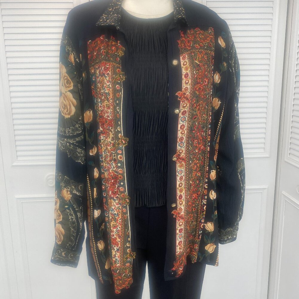 Vintage 80s Carole Little Blouse Sz 10 Black, Tan, Oranges Long Sleeve